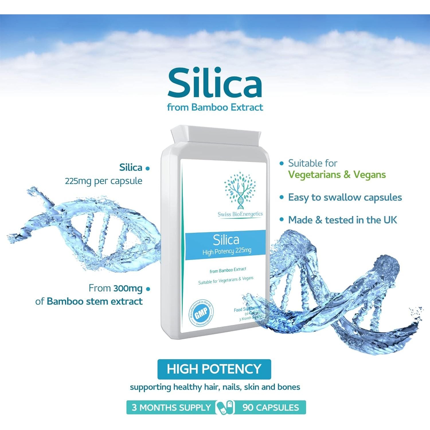 Silica 225Mg - a Potent Highly Bioavailable Form - Naturally Sourced from Bamboo Extract - 90 One-A-Day Vegan Capsules – Exclusively Manufactured in the UK