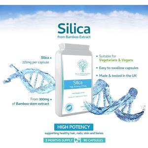 Silica 225Mg - a Potent Highly Bioavailable Form - Naturally Sourced from Bamboo Extract - 90 One-A-Day Vegan Capsules – Exclusively Manufactured in the UK