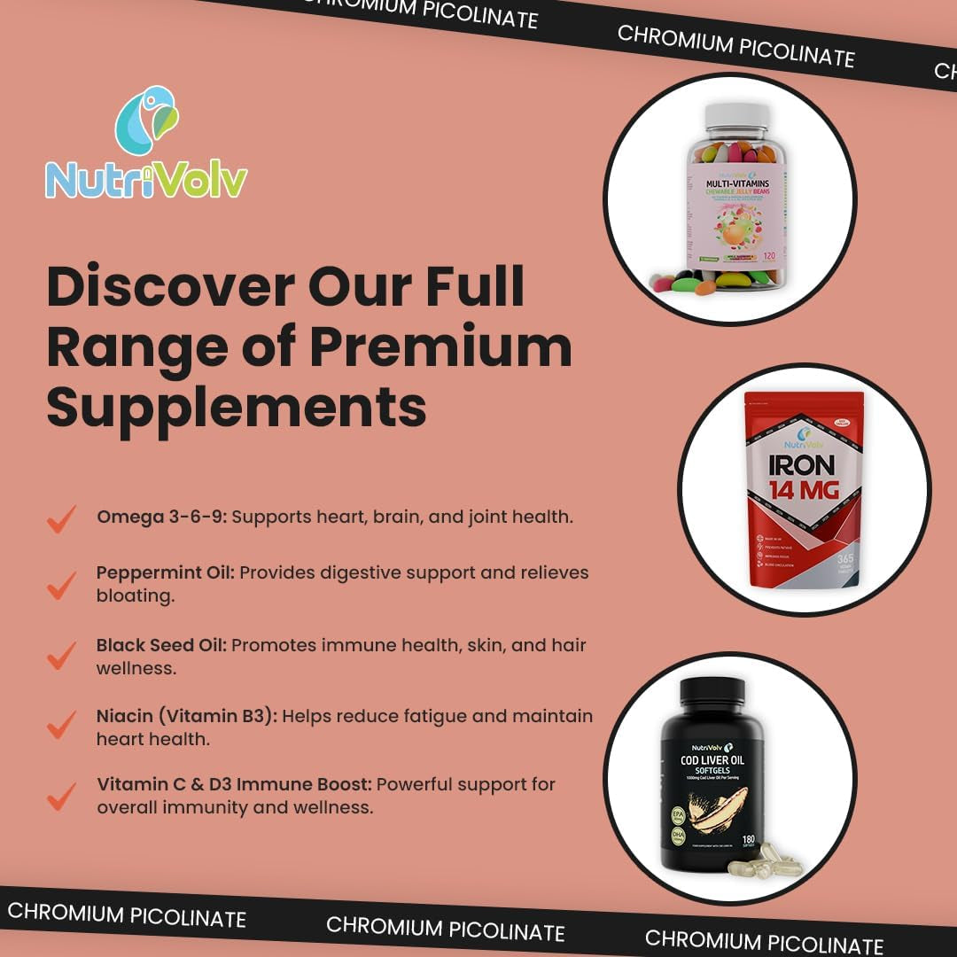Nutrivolv Chromium Picolinate 1000Μg | High Strength 120 Tablets | Glucose Metabolism & Cravings Support | Energy & Weight Management | Vegan Supplement
