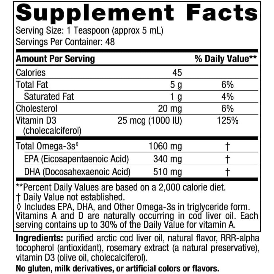 Nordic'S Arctic-D Cod Liver Oil, 1060 Mg, 340 Mg EPA, 510 Mg DHA, Lemon Taste, 237 Ml