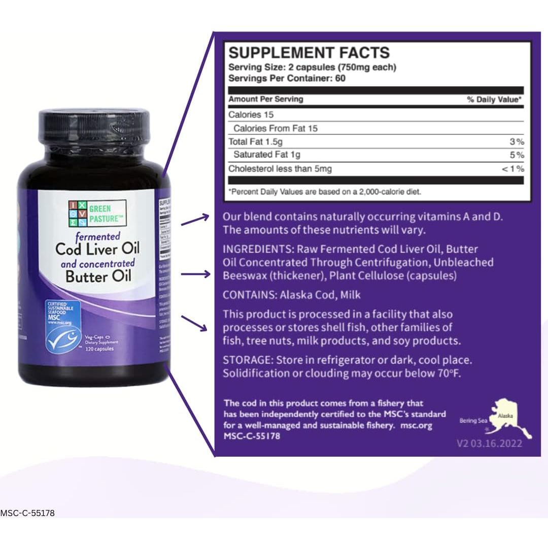 Green Pasture Blue Ice Royal Butter/Fermented Cod Liver Oil Blend - 120 Capsules