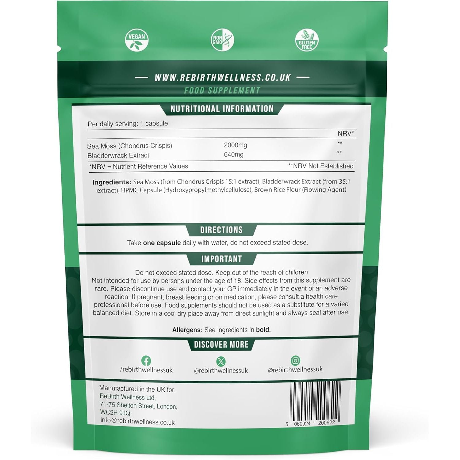 Sea Moss and Bladderwrack - 60 High Strength Capsules - 2 Month Supply - Vegan Friendly -No Synthetic Fillers or Binders - Made in the UK - Rebirth Wellness