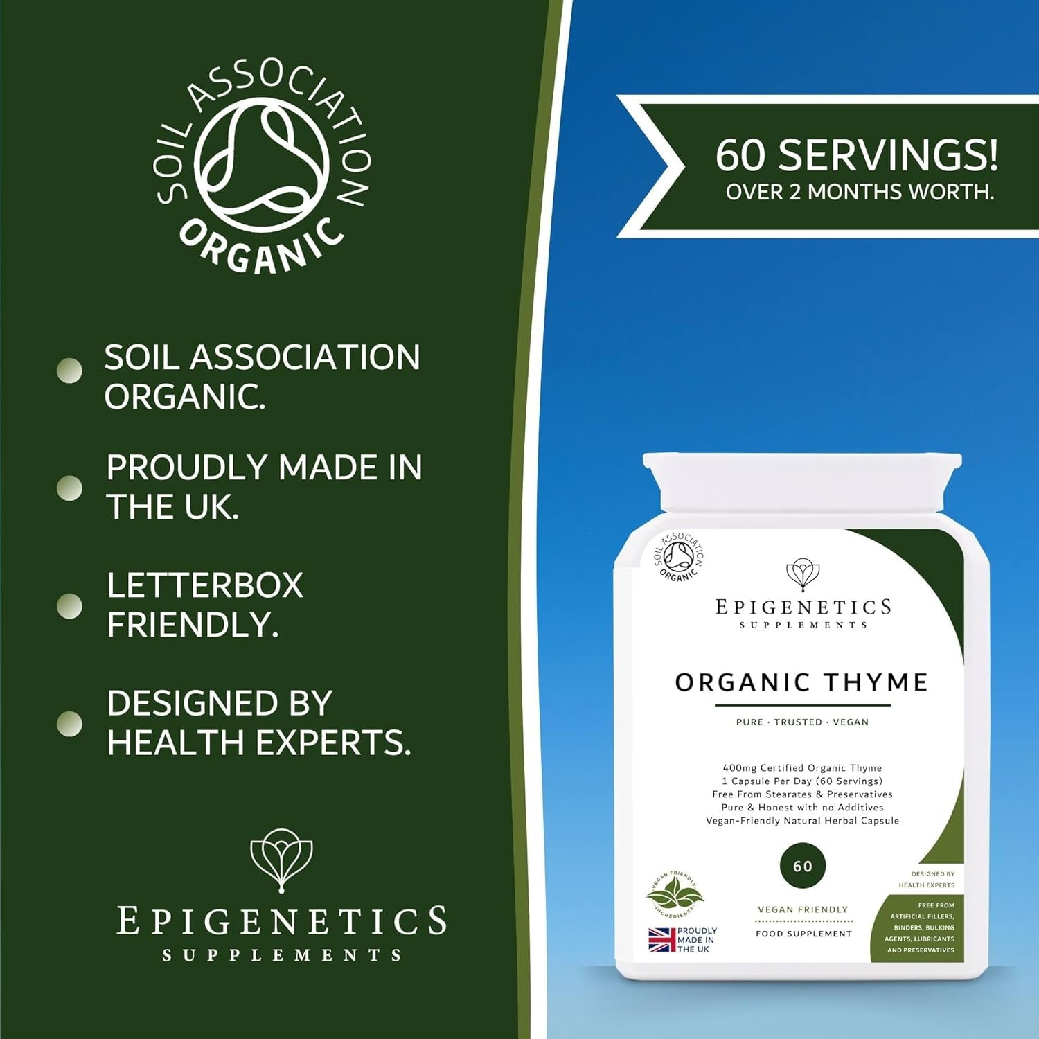 Organic Thyme 400Mg | Natural Thymus Vulgaris Herb Supplement | 60 Capsules | Vegan Friendly & Herbal UK Made | 60 Servings, 2 Month Supply by Epigenetics