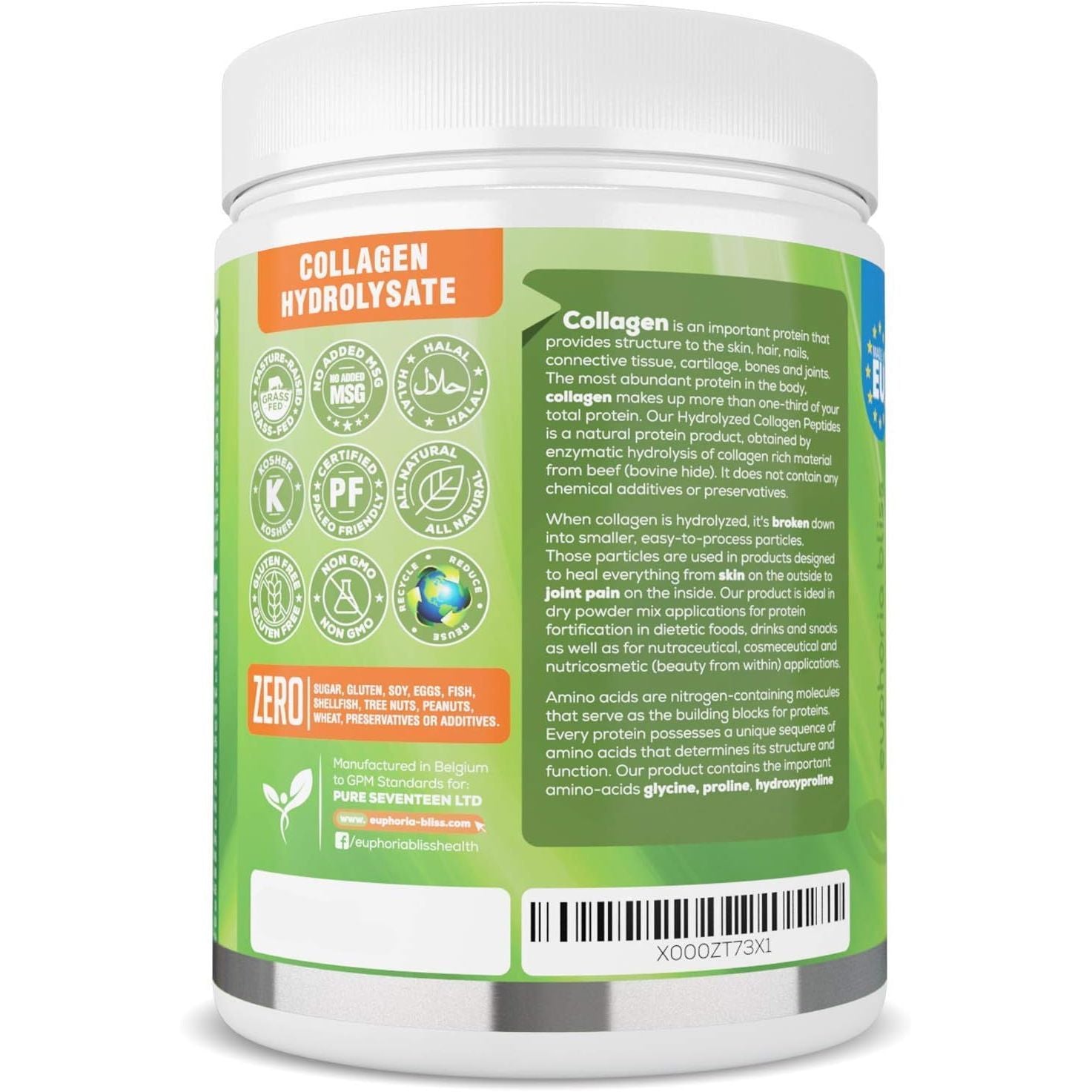 Premium Collagen Powder 500G Unflavoured High Grade Hydrolysed Collagen Joints, Bones, Gut, Wrinkles, Hair, Skin, Nails, Pain, Injury, Sleep, Fitness, Fasting Friendly, Keto, Halal & Kosher Certified
