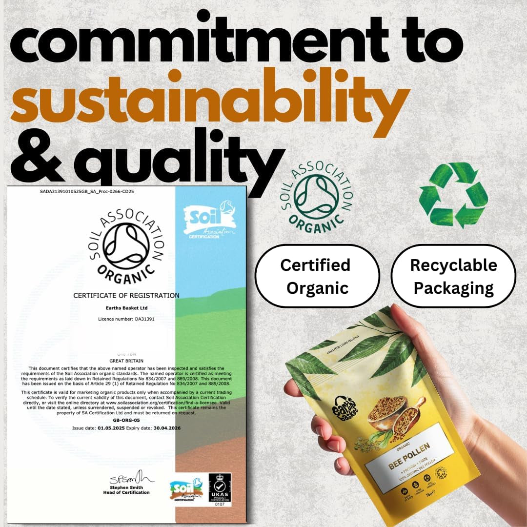 Earths Basket Organic Bee Pollen Granules - Spanish, Raw & Ethically Harvested - 75G in Recyclable Packaging - Healthy Immunity Support - Free from Any Artificial Additives