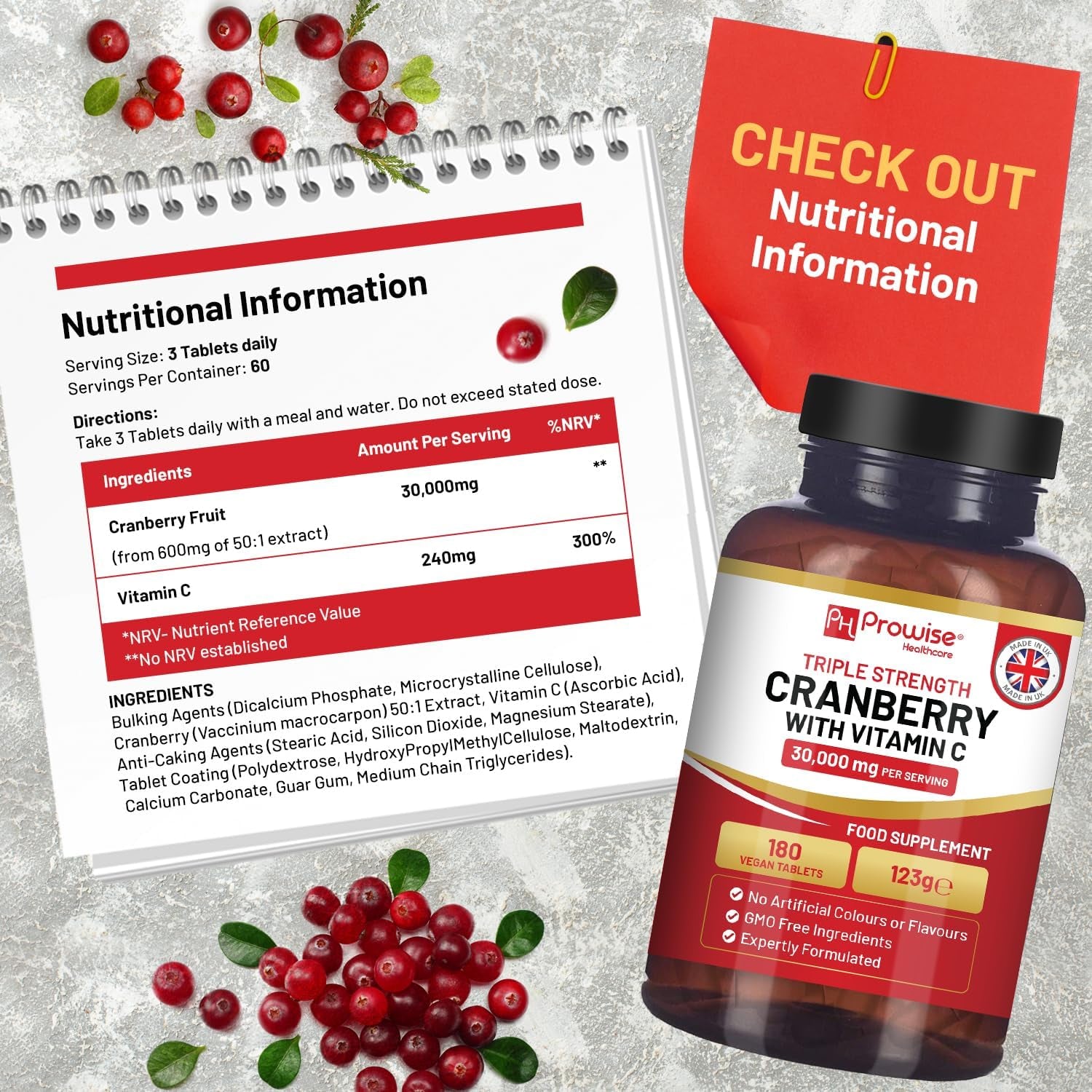 Triple Strength Cranberry 30,000Mg Added with Vitamin C - 180 Vegan Tablets I UTI Support for Women I Easy to Swallow Tablets I Made in the UK by Prowise Healthcare