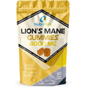 Lions Mane Gummies 4000Mg | Super Strength Lion'S Mane Supplement | 1 Month Supply | Mushroom Extract | Pineapple Flavour | 60 Vegan Gummies | Sugar Free | Focus, Mental Performance | by Nutrivolv