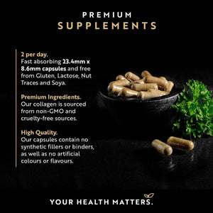 Premium Multi Collagen Protein Capsules with Type I, II, III - Includes Hydrolysed Grass Fed Bovine Collagen, Marine Collagen, Hyaluronic Acid, Turmeric - 90 Capsules - Made in the UK by Nutravita