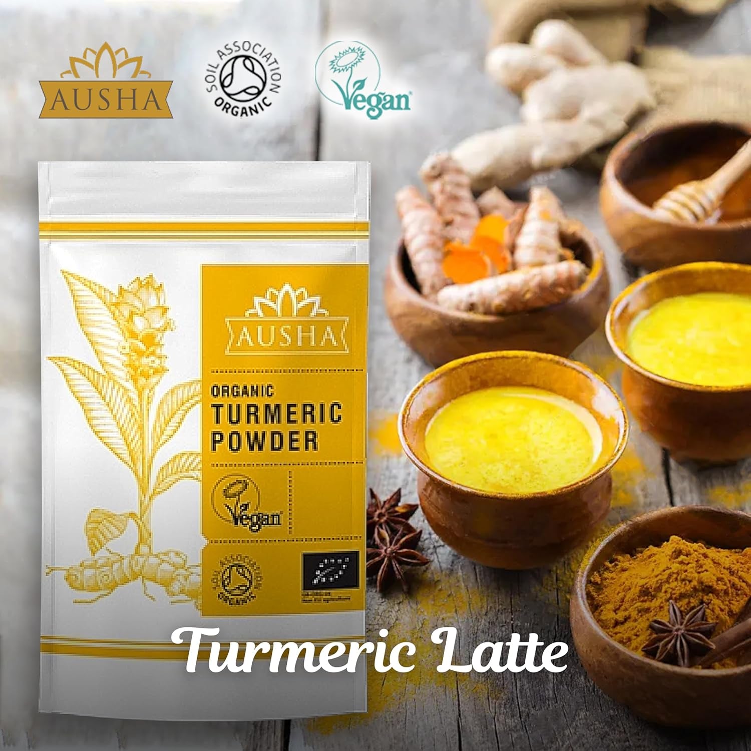 Ausha Organic Turmeric Powder 500G 5-6% High Curcumin - UK Certified Organic by Soil Association - Cooking, Turmeric Shot - 1* Great Taste Award 2023