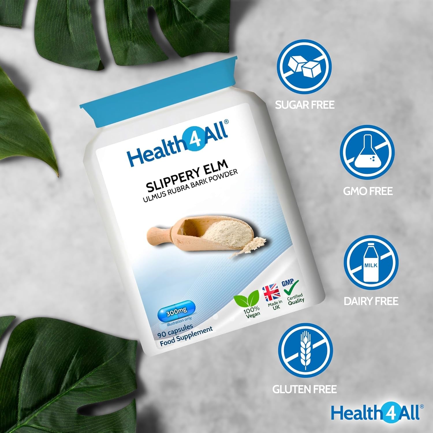 Health4All Slippery Elm 300Mg 90 Capsules, Digestive Health & Acid Reflux Support. Vegan Digestive Support Supplement, Slippery Elm Inner Bark Powder, Stomach Soothe, Gluten Free | Made in UK