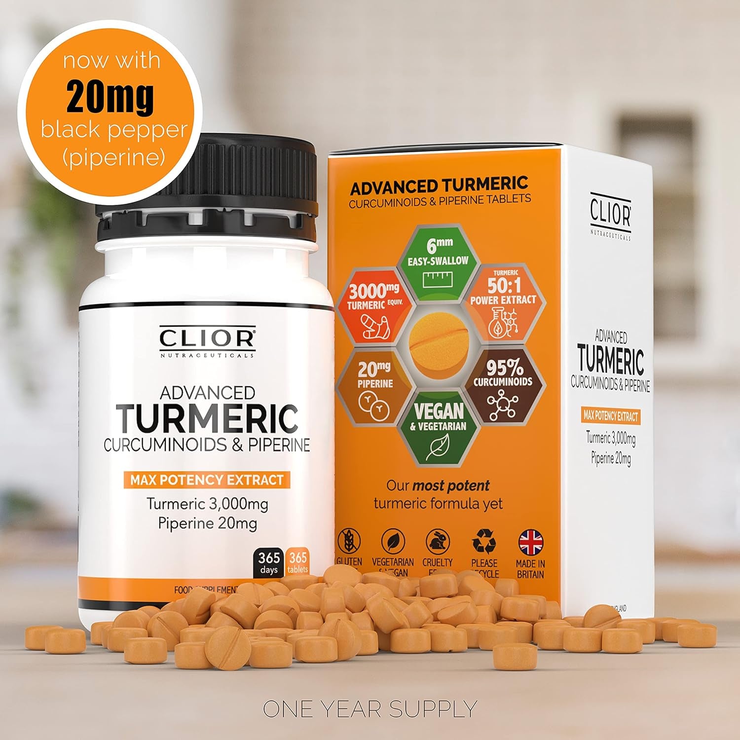 Turmeric Curcumin 3,000Mg with Black Pepper X 365 Vegan Tablets High Strength | 1 Year Supply | 95% Curcumins + 20Mg Piperine | Tiny Easy-To-Swallow Supplements by Clior (Cambridge Labs)