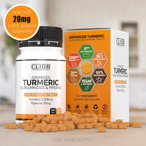 Turmeric Curcumin 3,000Mg with Black Pepper X 365 Vegan Tablets High Strength | 1 Year Supply | 95% Curcumins + 20Mg Piperine | Tiny Easy-To-Swallow Supplements by Clior (Cambridge Labs)