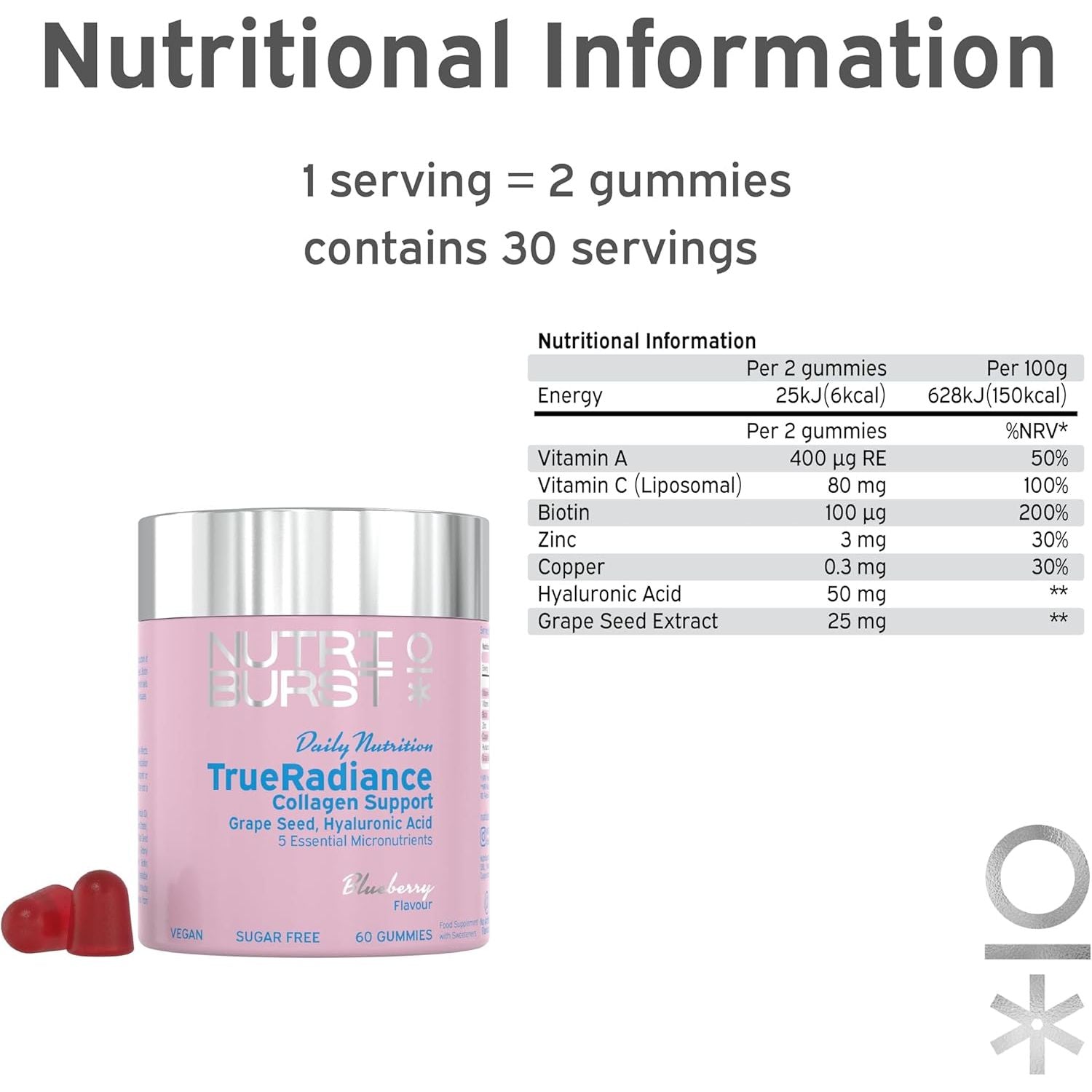 Nutriburst - Trueradiance Collagen Support Gummies for Healthy Hair, Skin & Nails - Biotin (100Μg), Hyaluronic Acid (50Mg), Vitamin a (400Μg) + Vitamin C (80Mg) - 60 Gummies 1 Month Supply