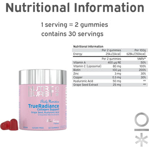 Nutriburst - Trueradiance Collagen Support Gummies for Healthy Hair, Skin & Nails - Biotin (100Μg), Hyaluronic Acid (50Mg), Vitamin a (400Μg) + Vitamin C (80Mg) - 60 Gummies 1 Month Supply