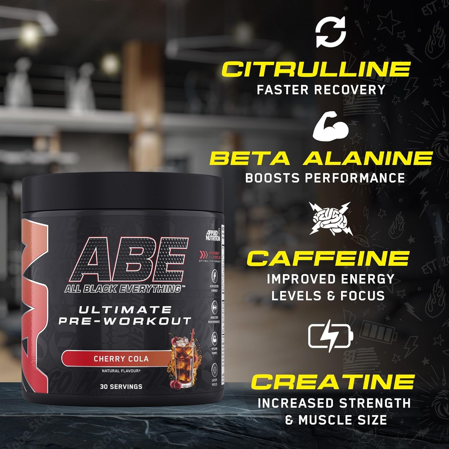 Applied Nutrition Bundle ABE Pre Workout 375G + JUG 2.5 LT Matt Black | All Black Everything Pre Workout Powder, Energy & Physical Performance with Creatine, Beta Alanine (Baddy Berry)