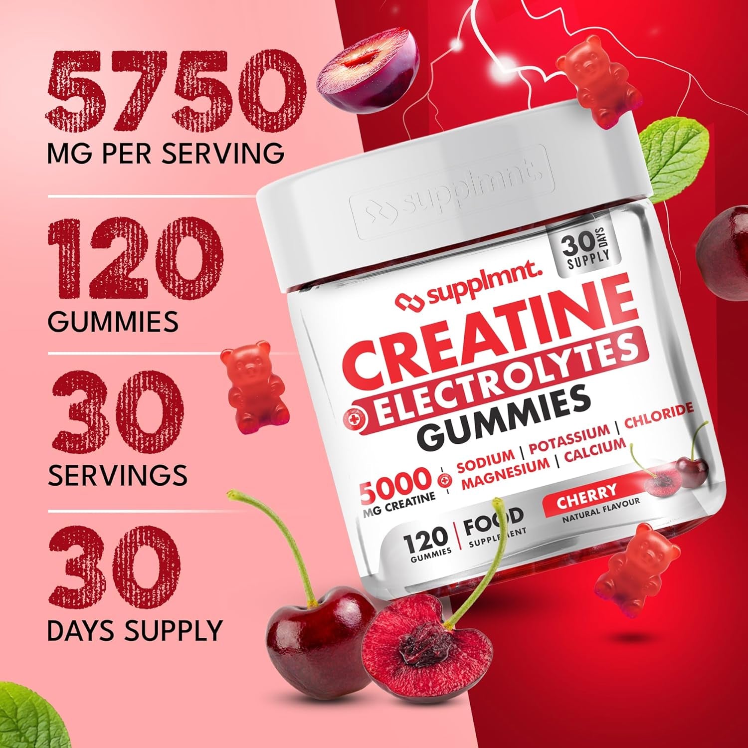 Supplmnt. Creatine Gummies with Electrolytes, 5000Mg Creatine Monohydrate, Cherry Flavour, 120 Gummies, Vegan, Gluten-Free, Non-Gmo, Food Supplement, 30-Day Supply