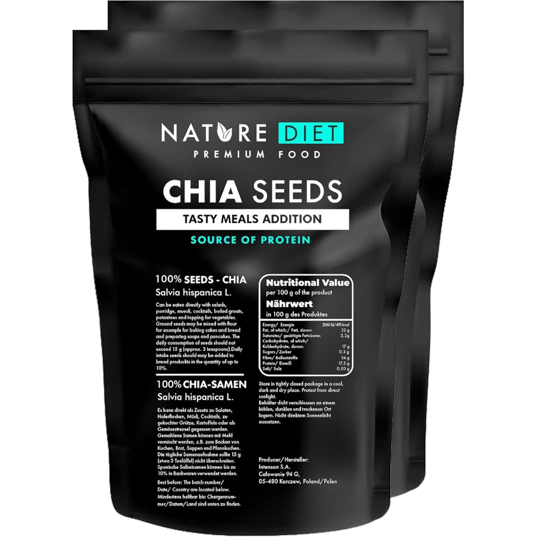 Nature Diet - Chia Seeds 2X 1000 G | Salvia Hispanica | High in Omega-3 | Source of Fiber