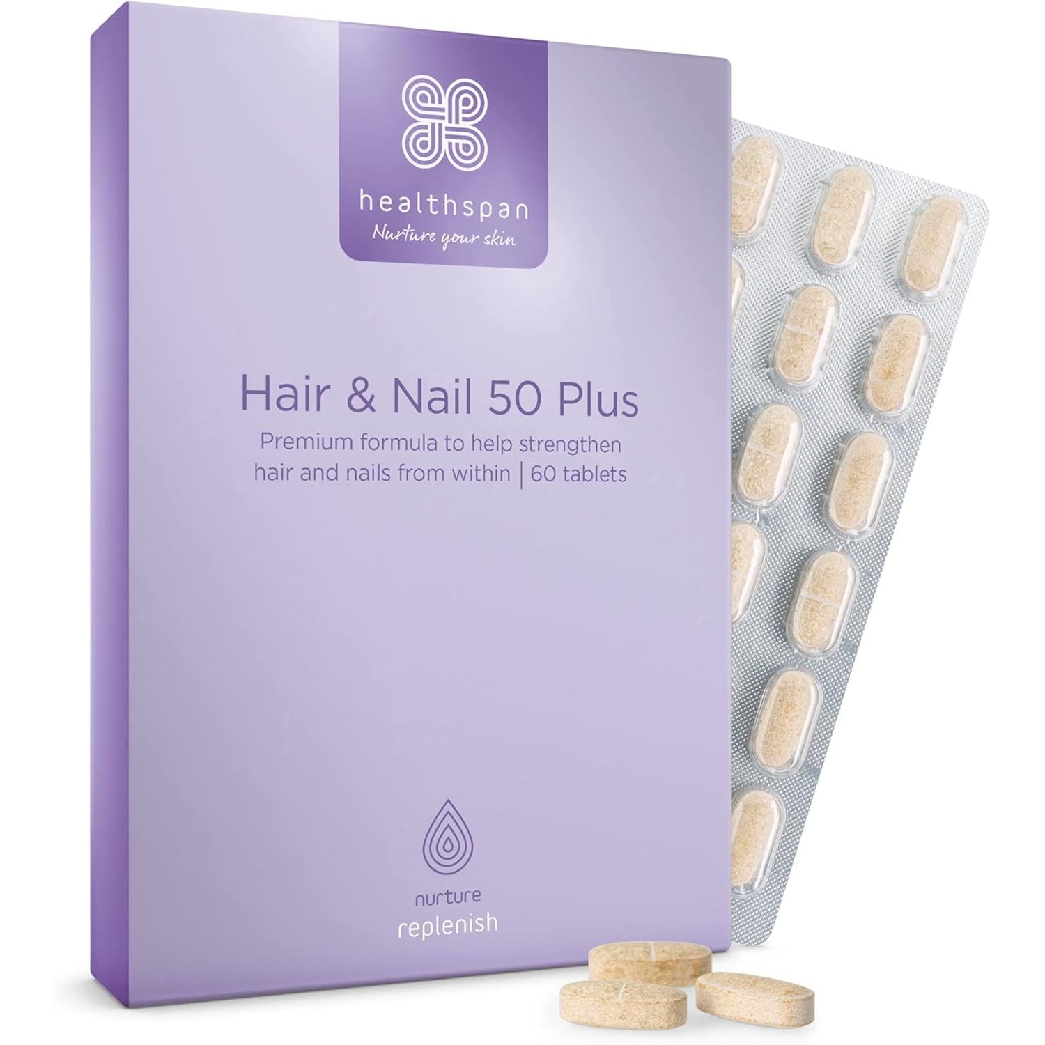 Healthspan Hair & Nails 50 plus | Formulated for Peri- and Post- Menopausal Women | Promotes Strong Hair & Healthy Nails | with Soy Isoflavones, Biotin, Selenium & Zinc | Vegan (60 Tablets)