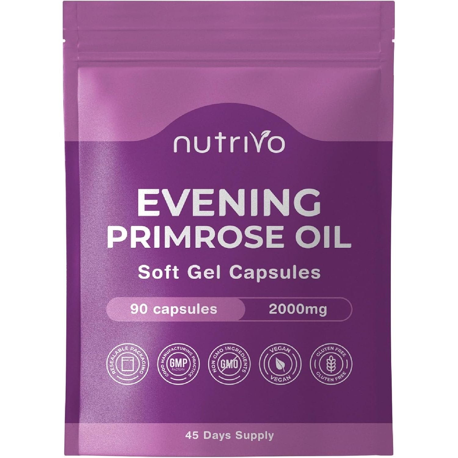 Evening Primrose Oil 1000Mg (2000Mg per 2 Capsule Serving) | 90 Capsules per Pouch - 45 Days Supply | High Strength & High GLA (Omega 6) Content | Cold Pressed