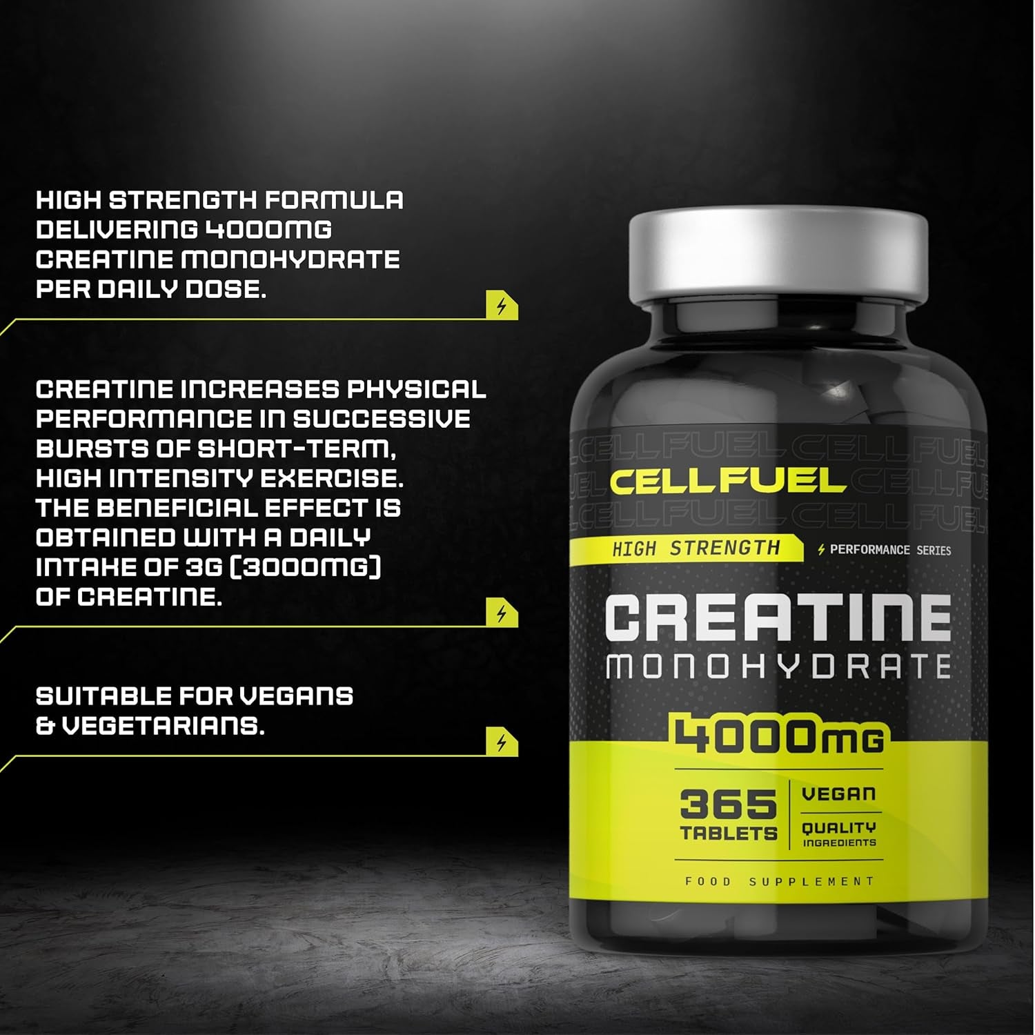 Creatine Monohydrate Tablets 4000Mg | High Strength | 365 Vegan Pills | by CELLFUEL
