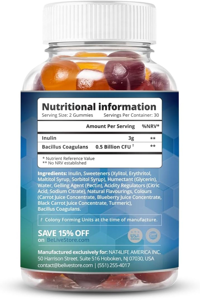 Probiotic + Prebiotic Fiber Gummies Sweetened with Stevia and Tapioca - Suitable for Kids & Adults, for Better Gut Health, High Potent Probiotics & Fiber - 60 Strawberry, Lemon, Blueberry Gummy
