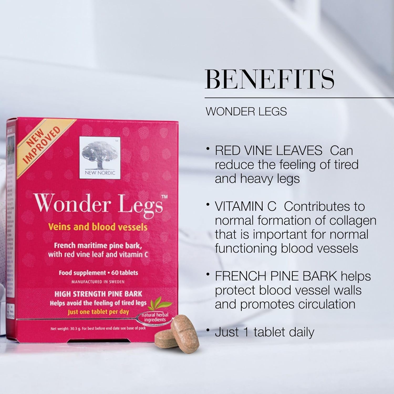 New Nordic Wonder Legs, High-Strength Pine Bark & Red Vine Leaf Extract with Vitamin C, Supports Normal Circulation & Vein Function, 60 Vegan Tablets