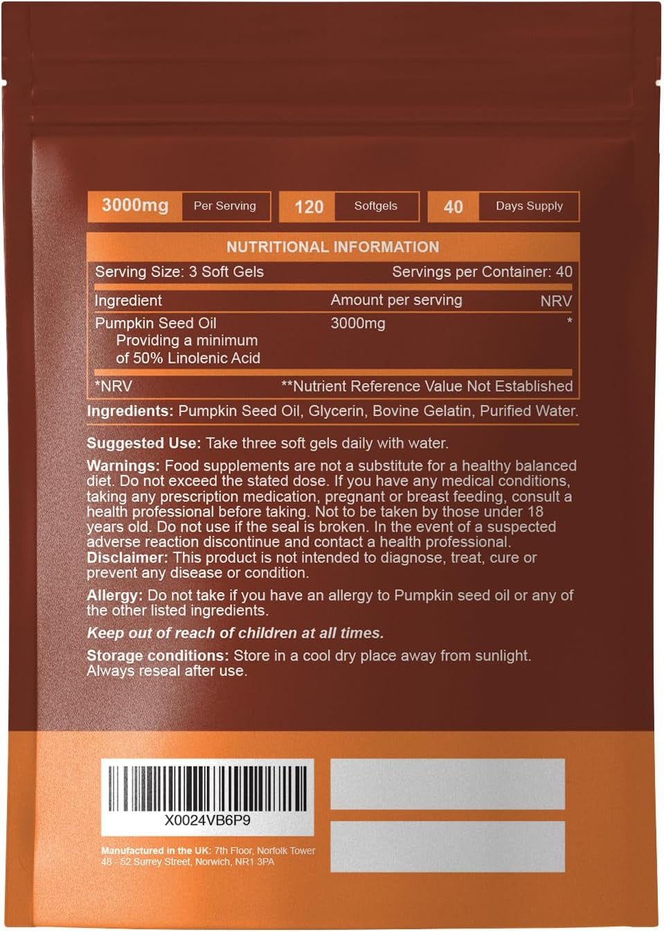 Pumpkin Seed Oil Capsules 1000Mg (3000Mg per 3 Soft Gel Serving) | 120 Capsules | Cold Pressed | Pumpkin Seed Oil for Hair, Prostate and Bladder | UK Made