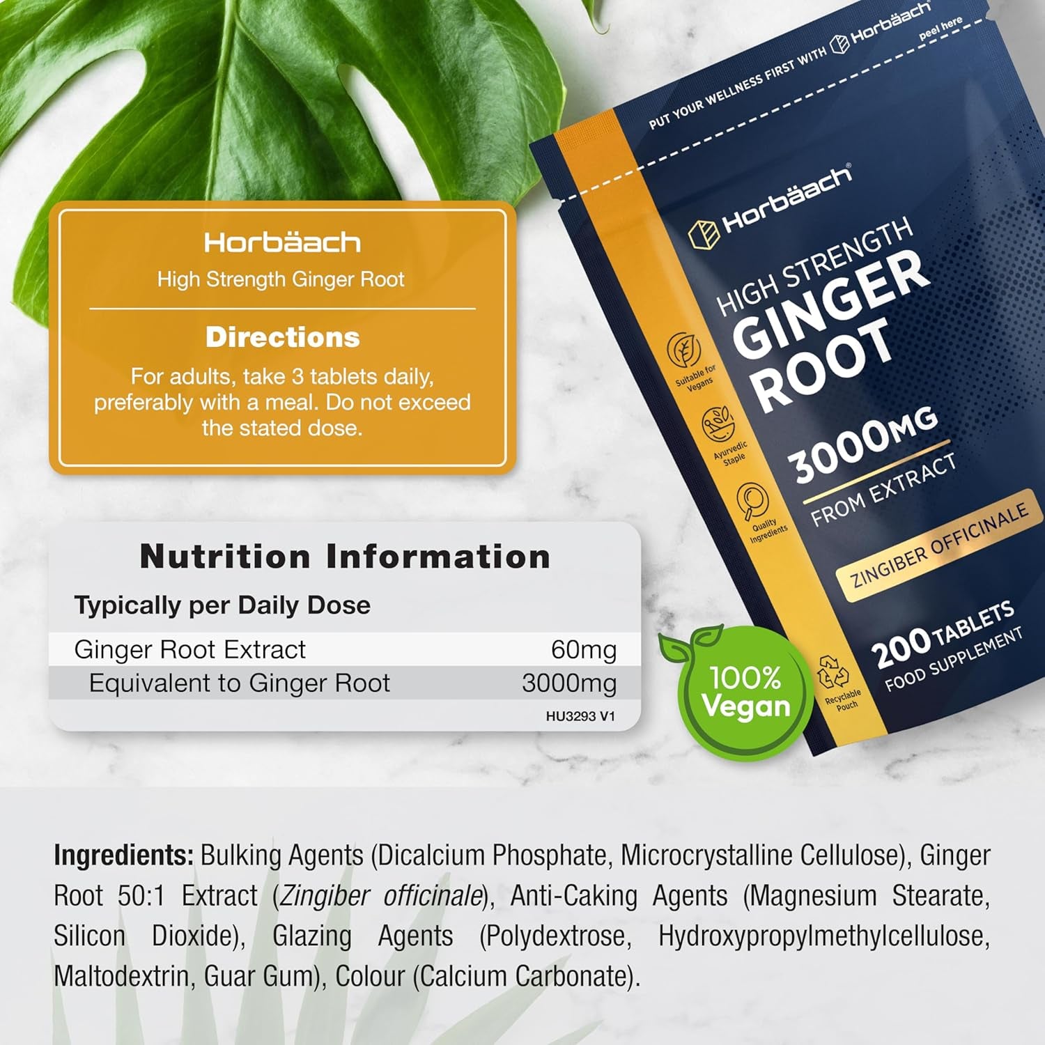 Ginger Root Tablets 3000Mg | High Strength Ginger Root Extract | Zingiber Officinale | 200 Tablets - Vegetarian & Vegan | by Horbaach