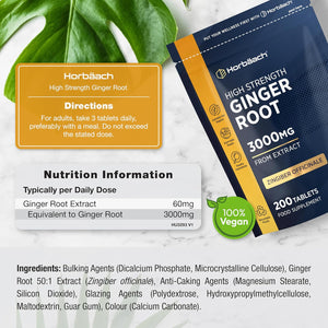 Ginger Root Tablets 3000Mg | High Strength Ginger Root Extract | Zingiber Officinale | 200 Tablets - Vegetarian & Vegan | by Horbaach