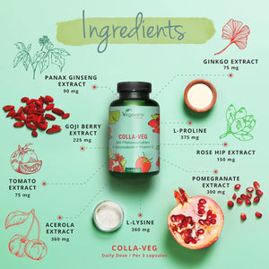 Vegavero Vegan Collagen Supplement 2000 Mg | Complex with L-Lysine, L-Proline, Vitamin C (Acerola) & Superfoods Extracts | NO Additives, Lab-Tested | 120 Capsules