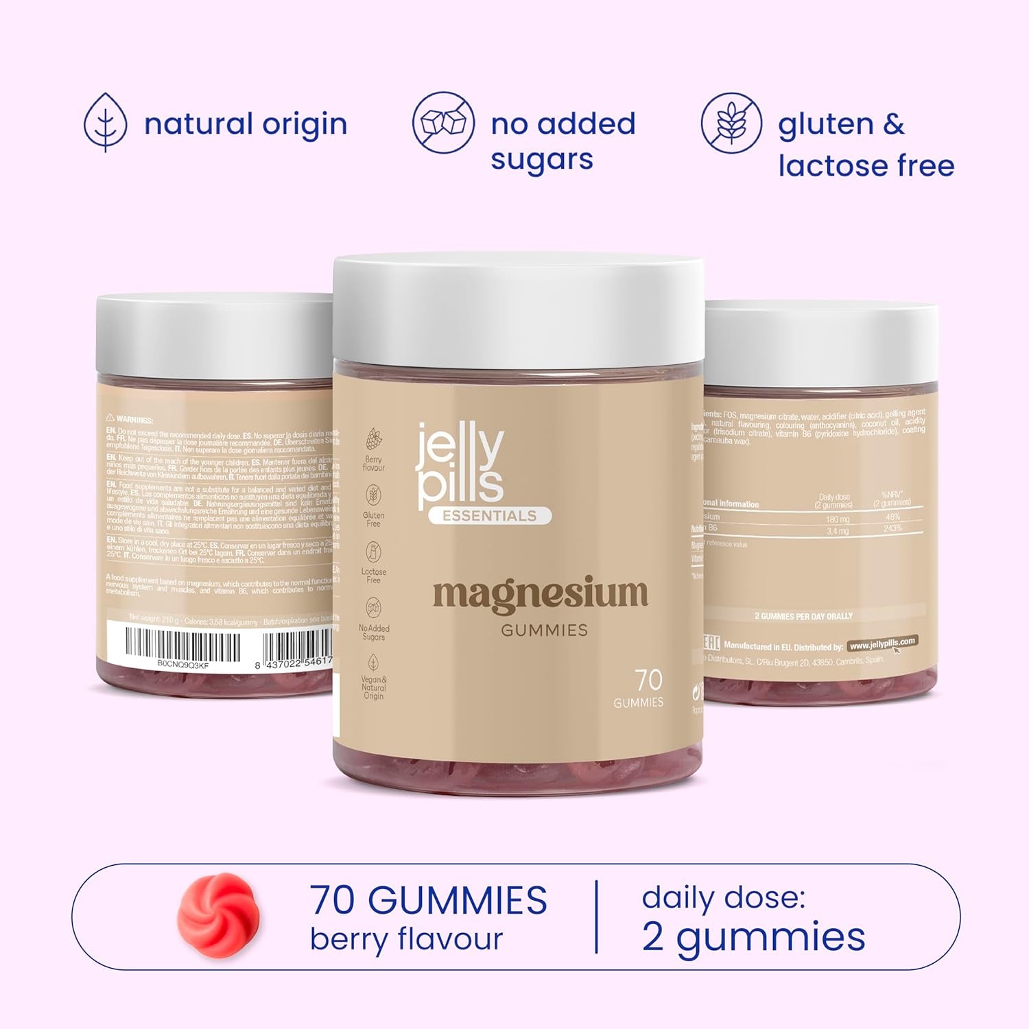 Jelly Pills® 1620 Mg Magnesium Citrate and Vitamin B6-70 Berry Flavoured Vegan Gummies Providing 180 Mg of Magnesium - No Added Sugars - Reduces Tiredness and Fatigue - 5 Weeks Supply