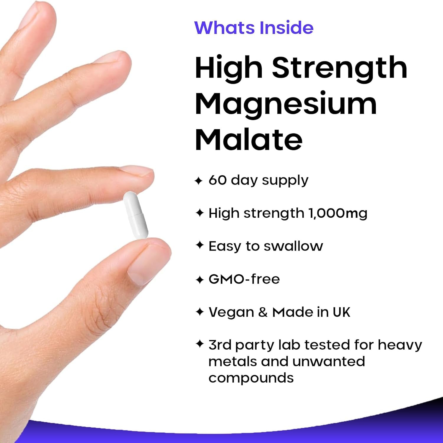Magnesium Supplements 1000Mg - Pure Magnesium Malate Capsules - Bones & Sleep Support - High Absorption Elemental - Vegan High Strength - 2 Months Supply