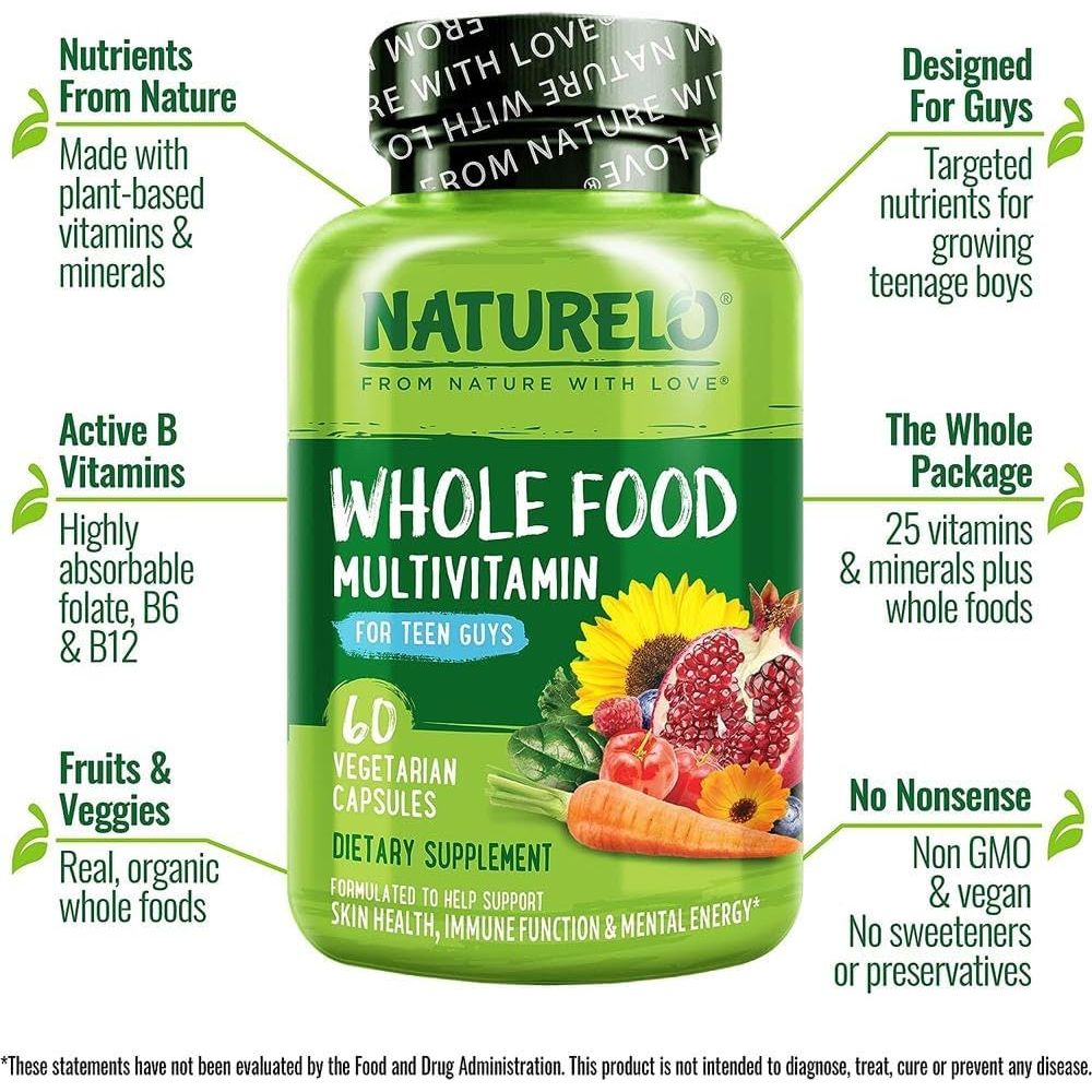 NATURELO Whole Food Multivitamin for Teenage Boys - Daily Vitamin & Mineral Supplement - with D3, Zinc, B12 & Plant Extracts - 60 Vegan Capsules | 1 Month Supply