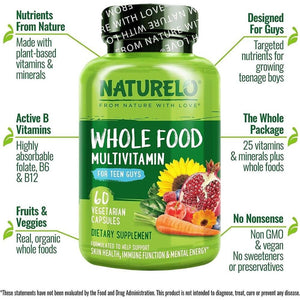 NATURELO Whole Food Multivitamin for Teenage Boys - Daily Vitamin & Mineral Supplement - with D3, Zinc, B12 & Plant Extracts - 60 Vegan Capsules | 1 Month Supply