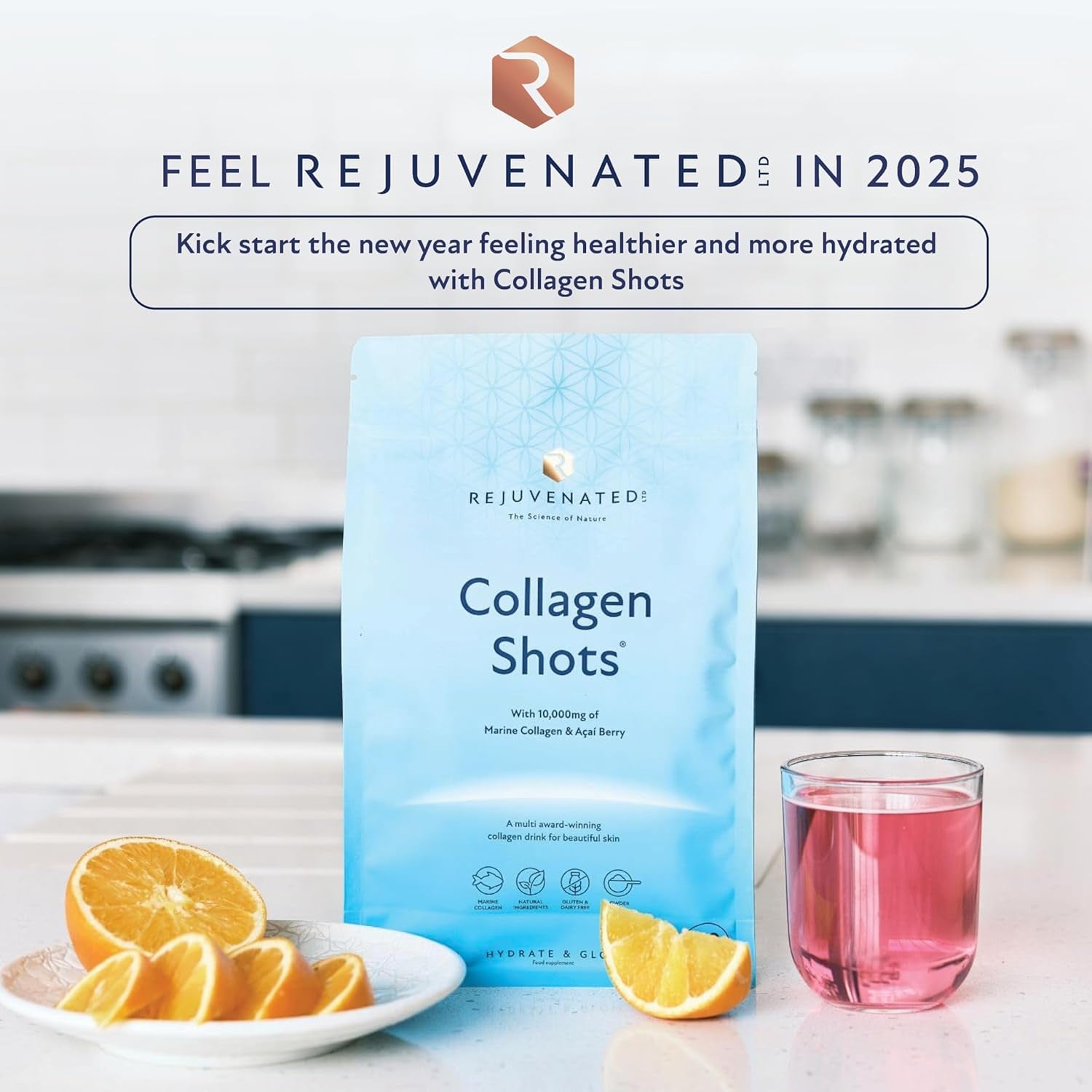 Rejuvenated Collagen Shots - 10,000 Mg Marine Collagen Supplement Drink with Antioxidants, Vitamins & Hyaluronic Acid (30 Servings)