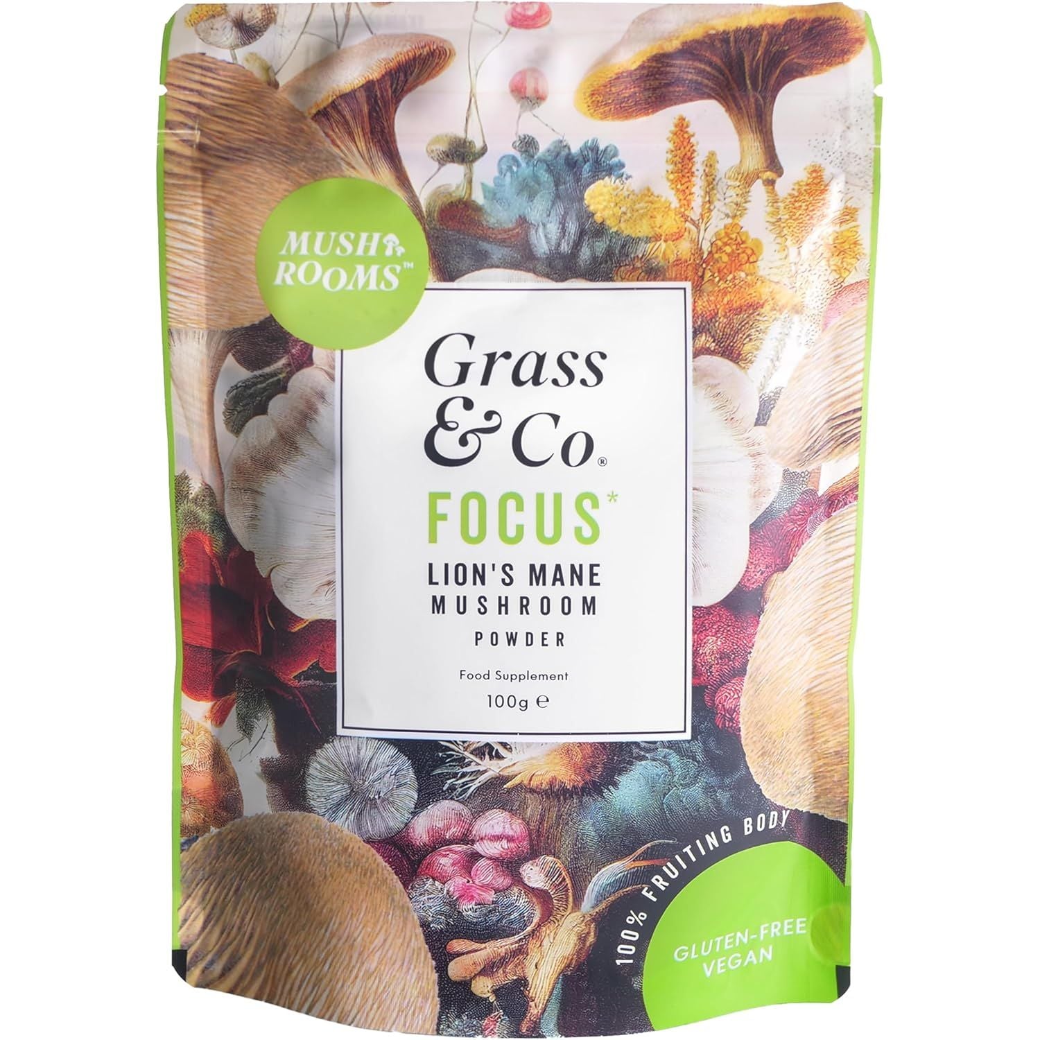 Grass & Co. | Focus Lion’S Mane Nootropic Powder | 2000Mg Lion’S Mane, 1000Mg Ginseng & Vegan Omega-3 | Brain Boost, Memory & Caffeine-Free Alertness | 46 Servings