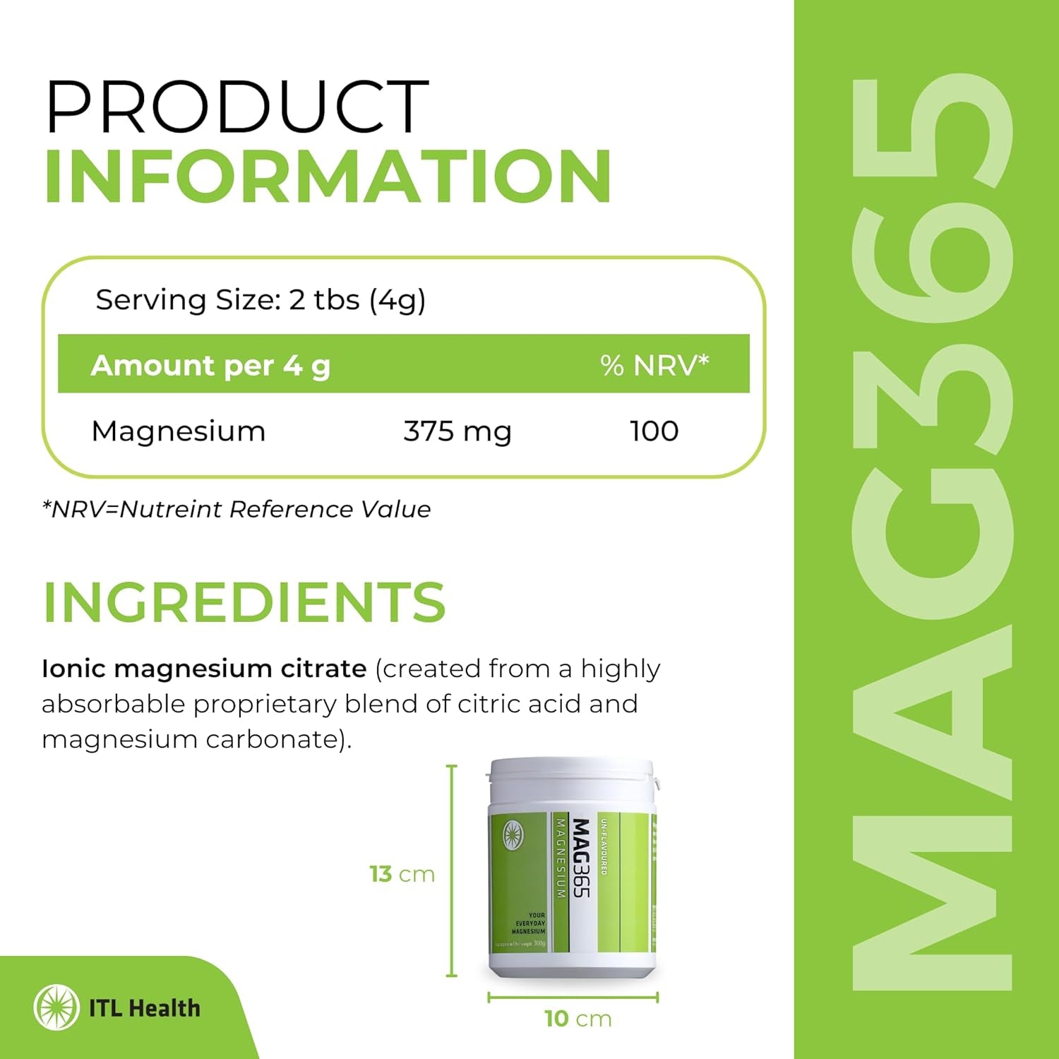 MAG365 Magnesium Citrate Powder - Highly Absorbable Magnesium Supplement - Unflavoured 300G
