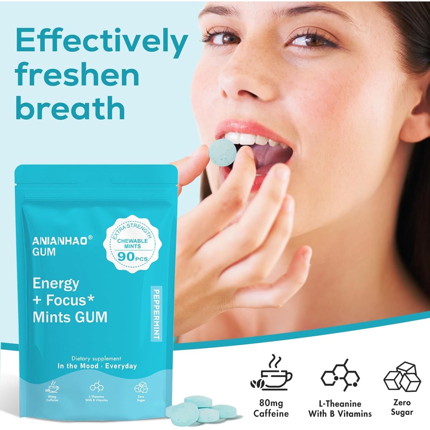 Energy & Focus Gum, 90 Pcs Energy & Focus Peppermint Chewing Gum, with B-Vitamins, L-Theanine and Natural Caffeine, Sugar-Free Dietary Supplement