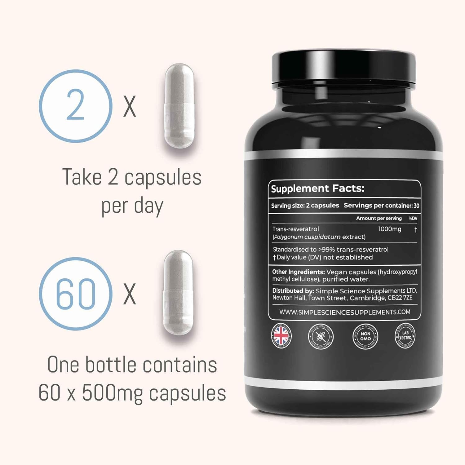 RESVERATROL 1000MG | 100% Pure Trans Resveratrol | High Strength Antioxidant Supplement | 60 X 500MG Capsules | Lab Tested | 100% Natural and Non-Gmo