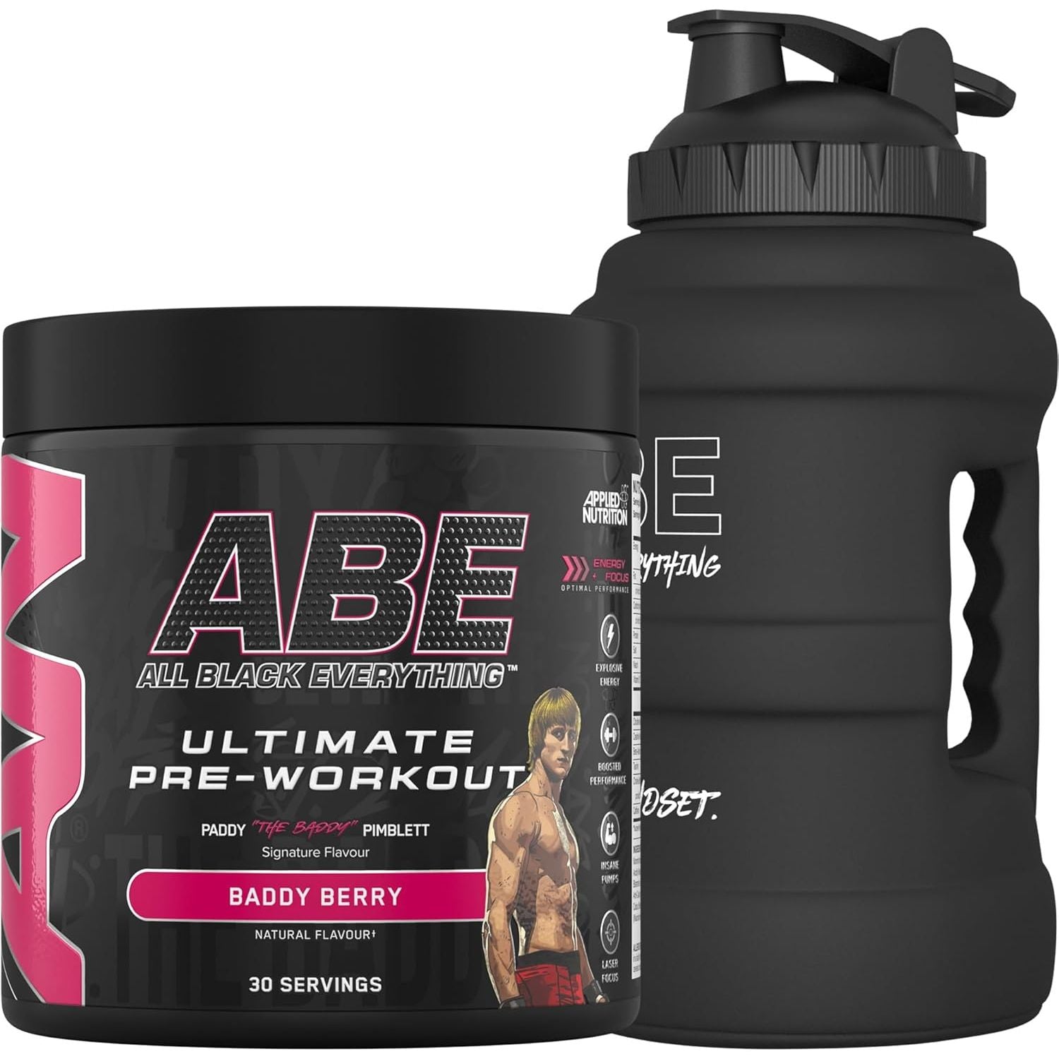Applied Nutrition Bundle ABE Pre Workout 375G + JUG 2.5 LT Matt Black | All Black Everything Pre Workout Powder, Energy & Physical Performance with Creatine, Beta Alanine (Baddy Berry)