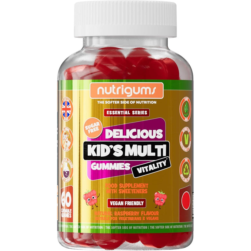 Kids Multi Vitality Sugar Free Gummy | Multivitamin for Bones, Teeth, Immunity, Energy & Cognitive Function | Strawberry Flavour | 60 Vegan Gummies | Suitable for Kids Age 5+ by NUTRIGUMS®