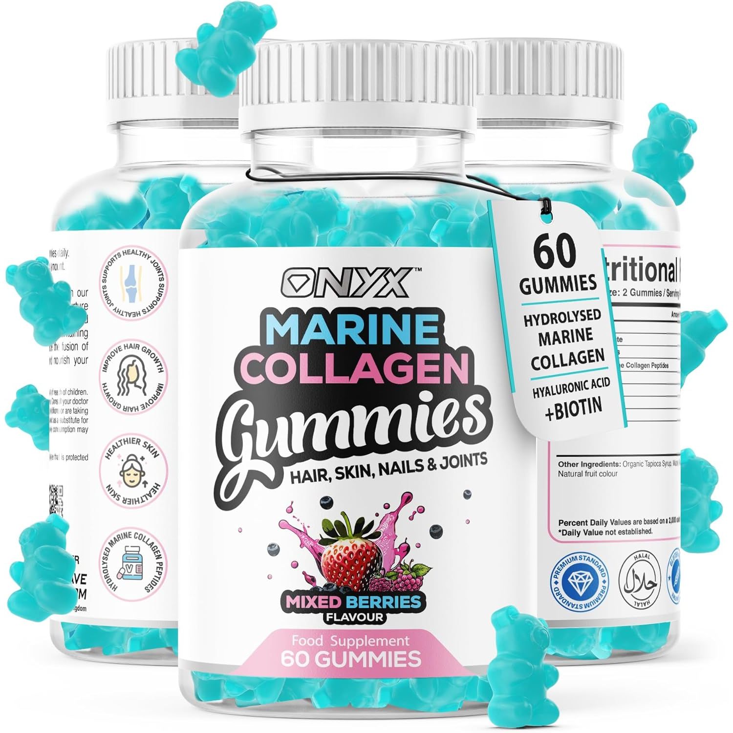 Onyx Marine Collagen 2200Mg with Hyaluronic Acid & Biotin - High Strength Collagen Supplements for Women & Men - 60 Vegan Gummies