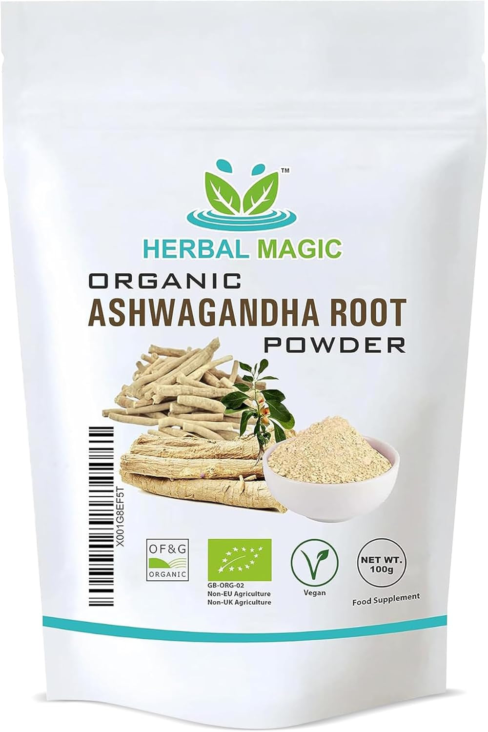 Herbal Magic'S Organic Ashwagandha Root Powder - Rich Flavoured Smoothies, Shakes, Juices, Baking, Soups - Free from Fillers & Preservatives - Of&G UK Organic Certified - 100G