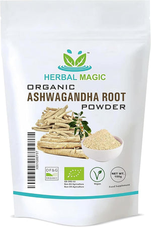 Herbal Magic'S Organic Ashwagandha Root Powder - Rich Flavoured Smoothies, Shakes, Juices, Baking, Soups - Free from Fillers & Preservatives - Of&G UK Organic Certified - 100G