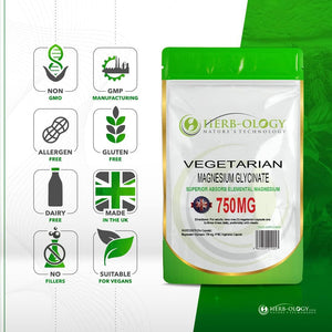 Herb-Ology Magnesium Glycinate Capsules | 120 Vegan Capsules | Magnesium Supplements | 750Mg per Capsule | Highly Bioavailable, Dairy Free & Manufactured in the UK