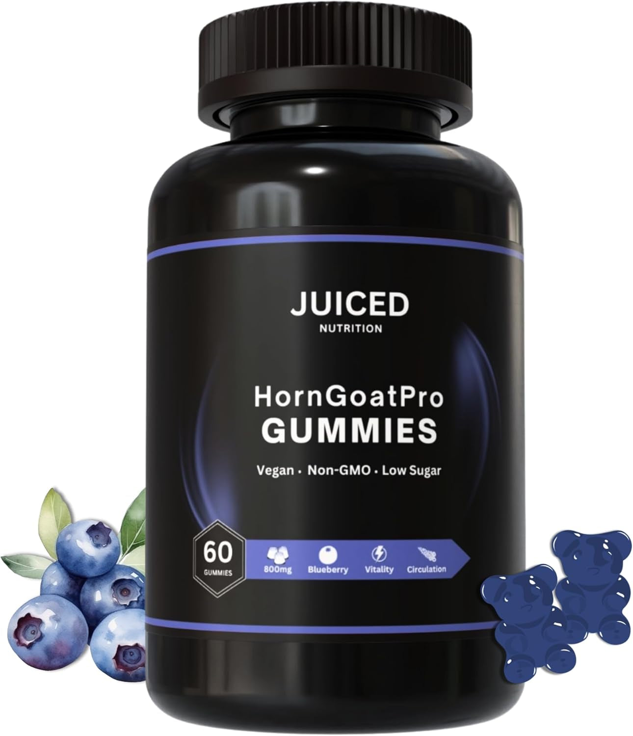 Horngoatpro Gummies - 60 Gummies Blueberry Flavour - with Added Tongaliextract, Maca Root, L-Arginine for Maximum Effect - Vegan, Non GMO, Gluten Free and Low Sugar - for Vitality
