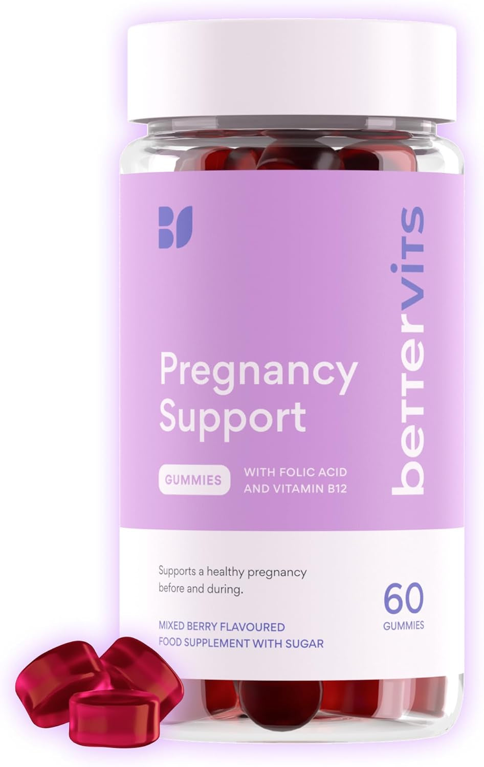 Bettervits Pregnancy Support Gummies | Pregnancy Vitamins for Women with Folic Acid & Vitamin B12 | Complete Multivitamins Complex C, D, E & Zinc | Pre and after Support - 60 Berry Gummies