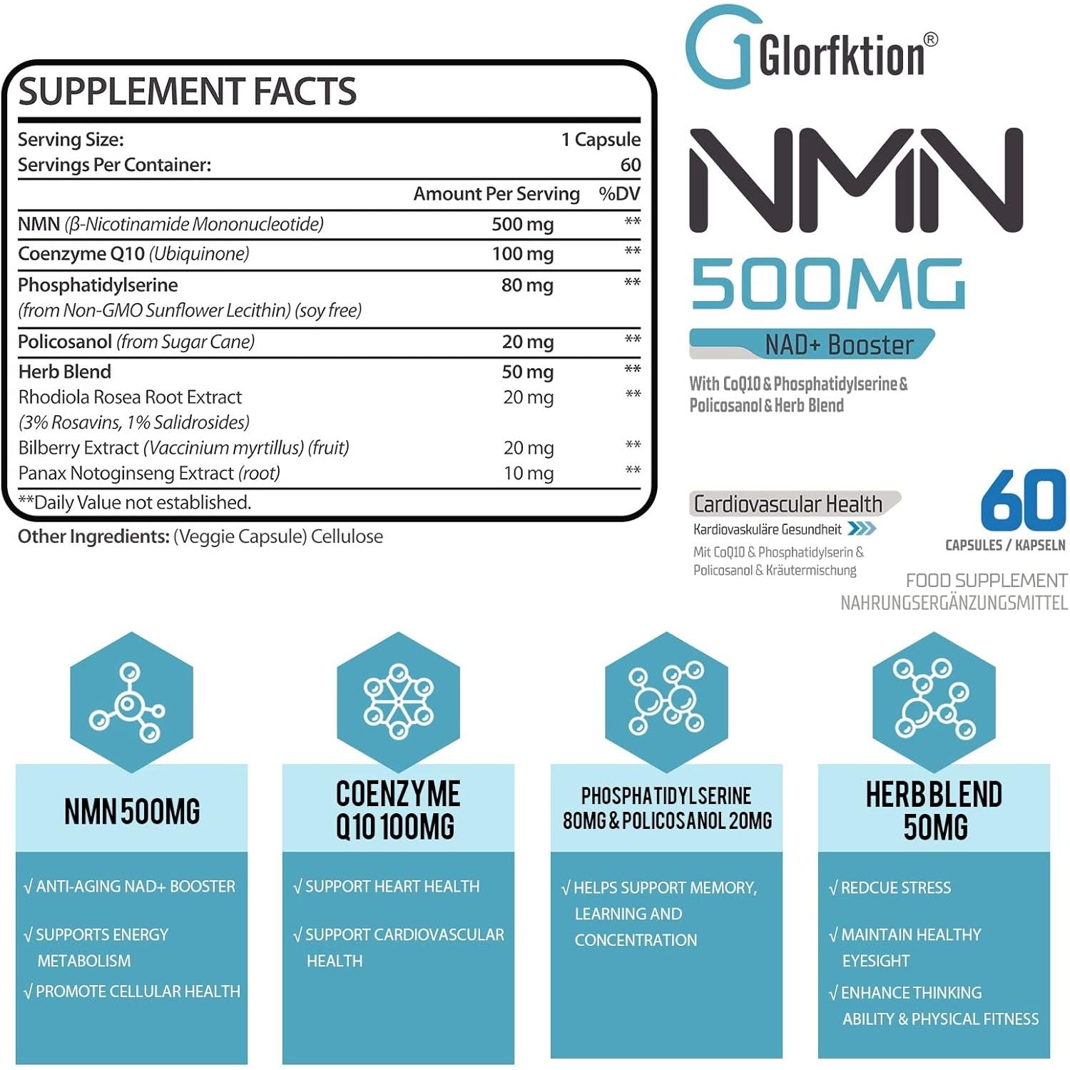 NAD Supplement | 750Mg Advanced NAD Contains All 7 Ingredients in 1 Capsule | NAD+ Booster for anti Aging | 60 Count Capsules (60 Count (Pack of 1))