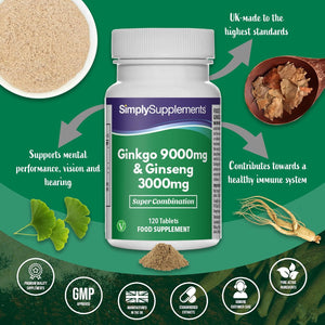 Ginkgo 9,000Mg & Ginseng 3,000Mg | Supports Mental Performance & Helps with Circulation | Vegan & Vegetarian Friendly | 120 Tablets | Manufactured in the UK