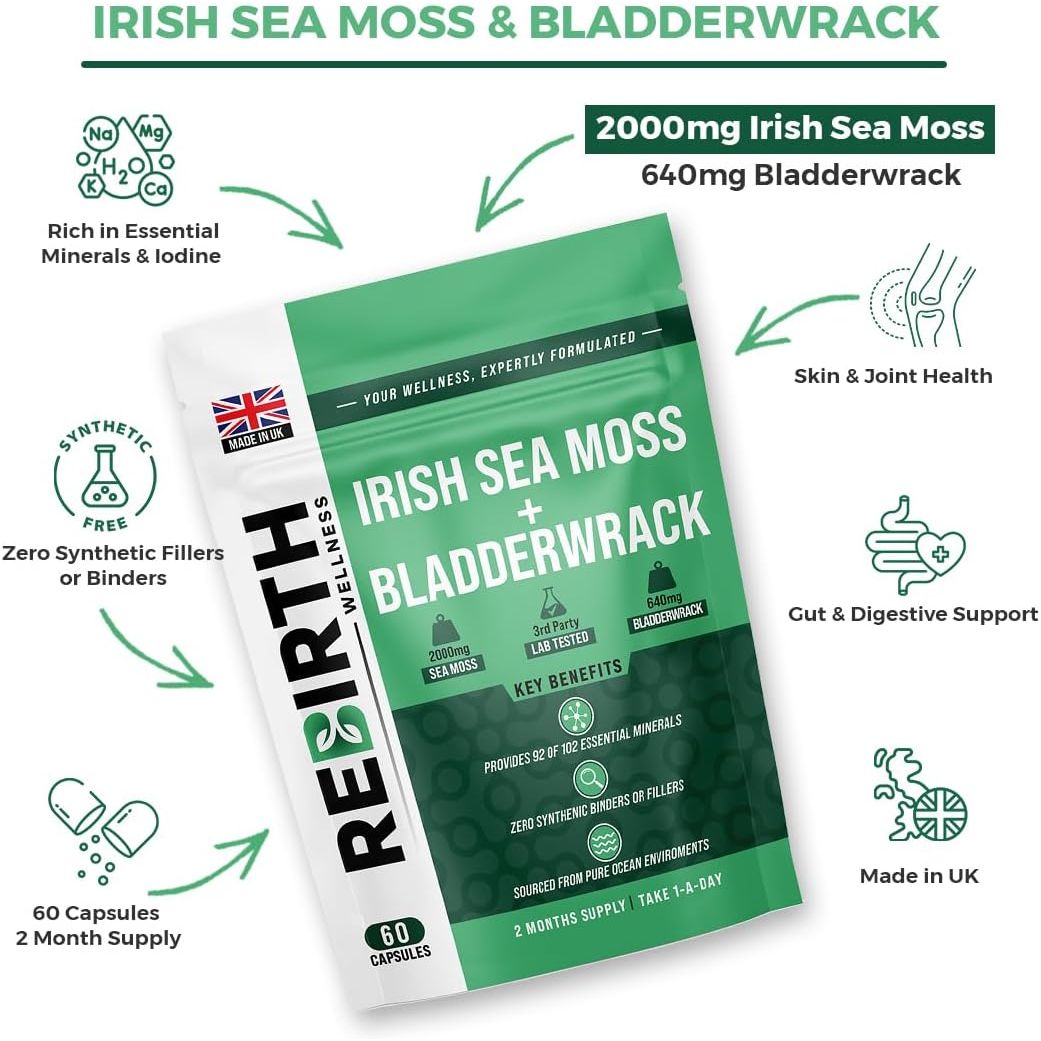 Sea Moss and Bladderwrack - 60 High Strength Capsules - 2 Month Supply - Vegan Friendly -No Synthetic Fillers or Binders - Made in the UK - Rebirth Wellness